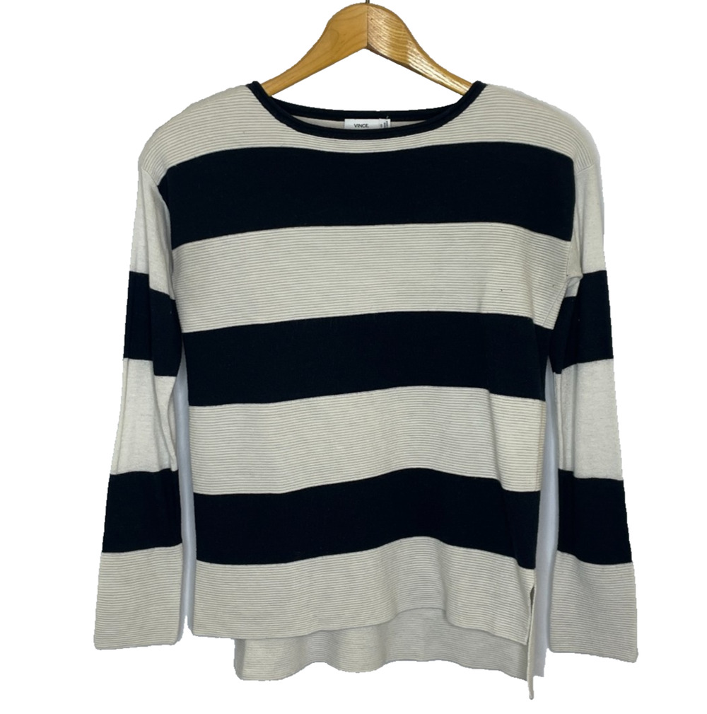 Women's XS Vince. Black White Stripe Knit Viscose Blend Long Sleeve Shirt